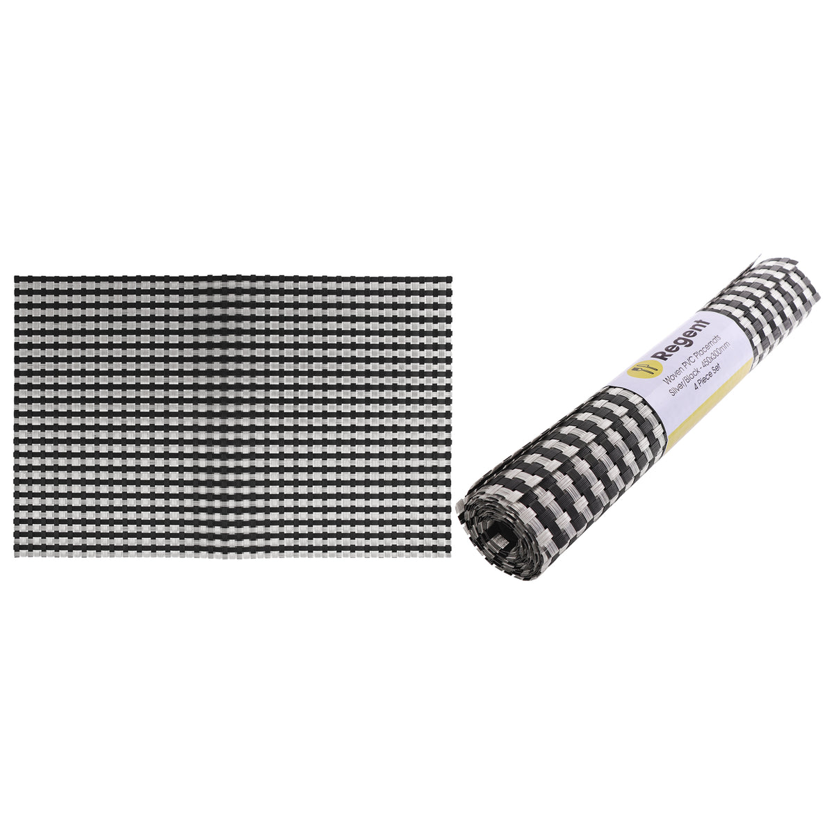 REGENT PLACE MATS WOVEN SILVER/BLACK PVC 4PK ROLL, 300X450MM