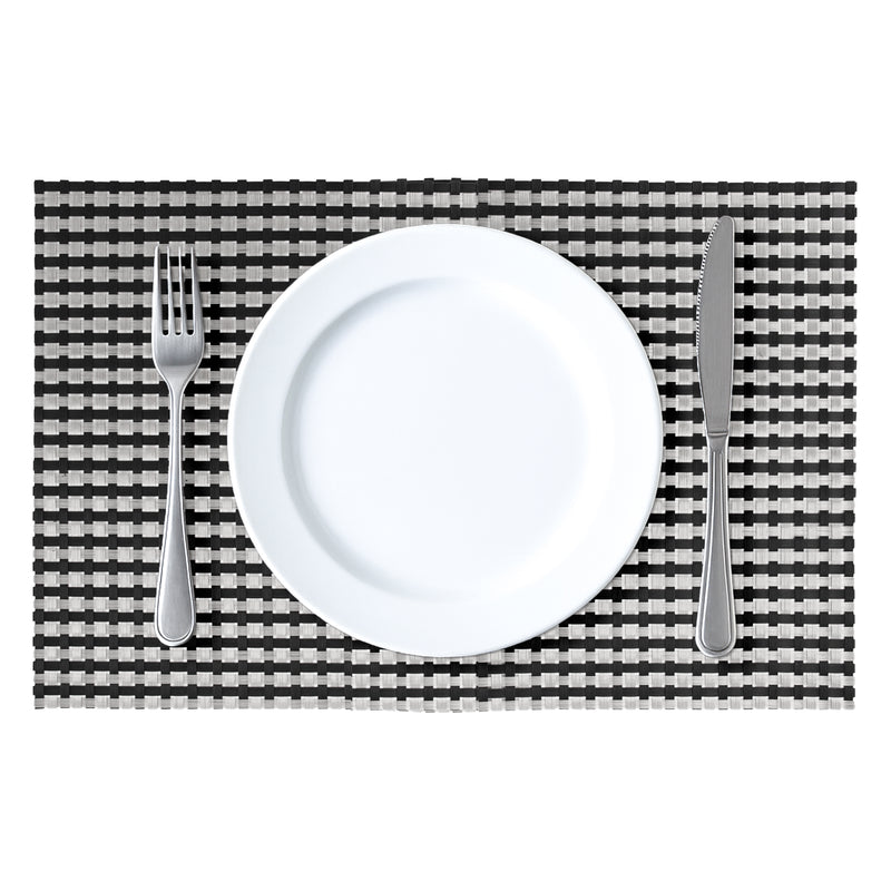 REGENT PLACE MATS WOVEN SILVER/BLACK PVC 4PK ROLL, 300X450MM