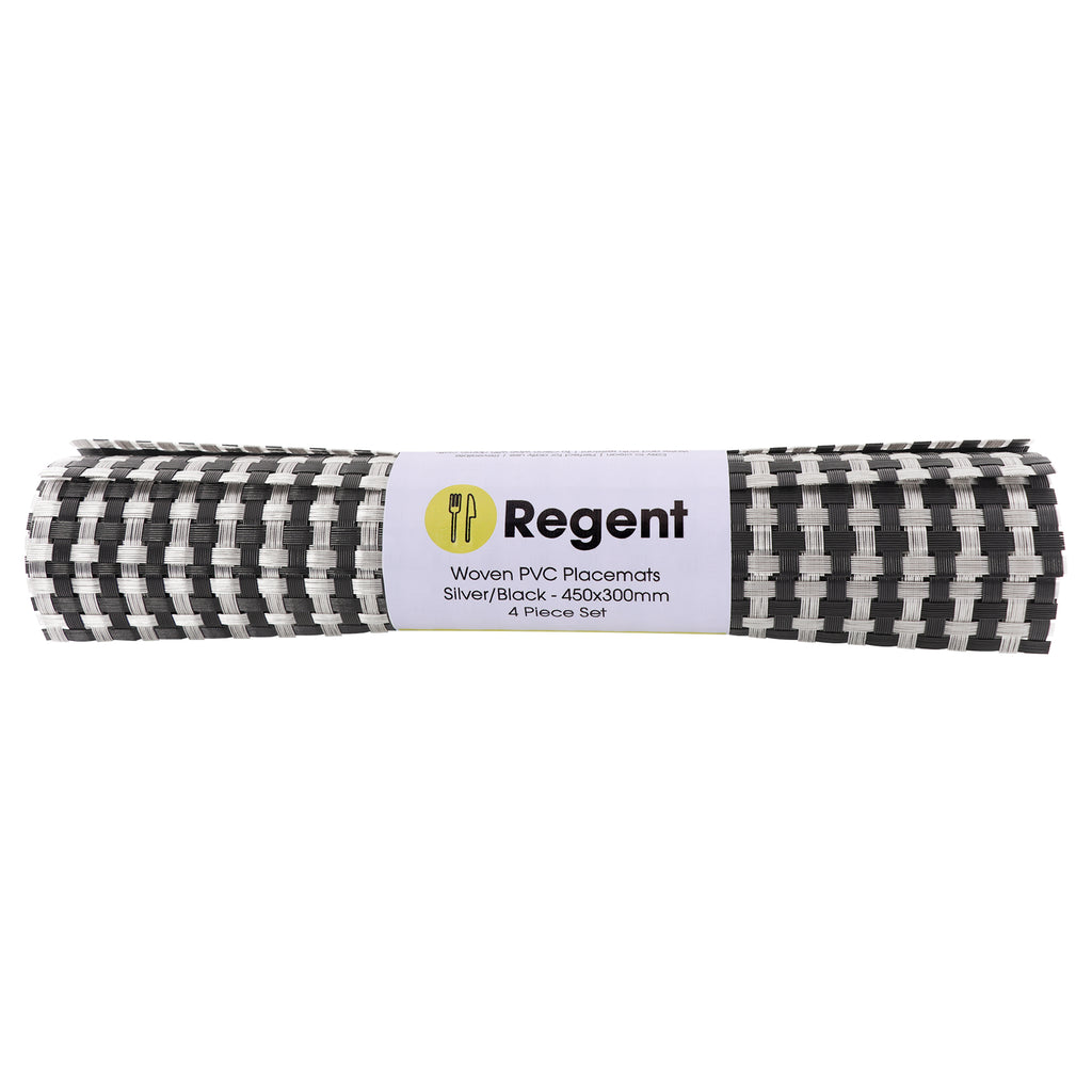 REGENT PLACE MATS WOVEN SILVER/BLACK PVC 4PK ROLL, 300X450MM