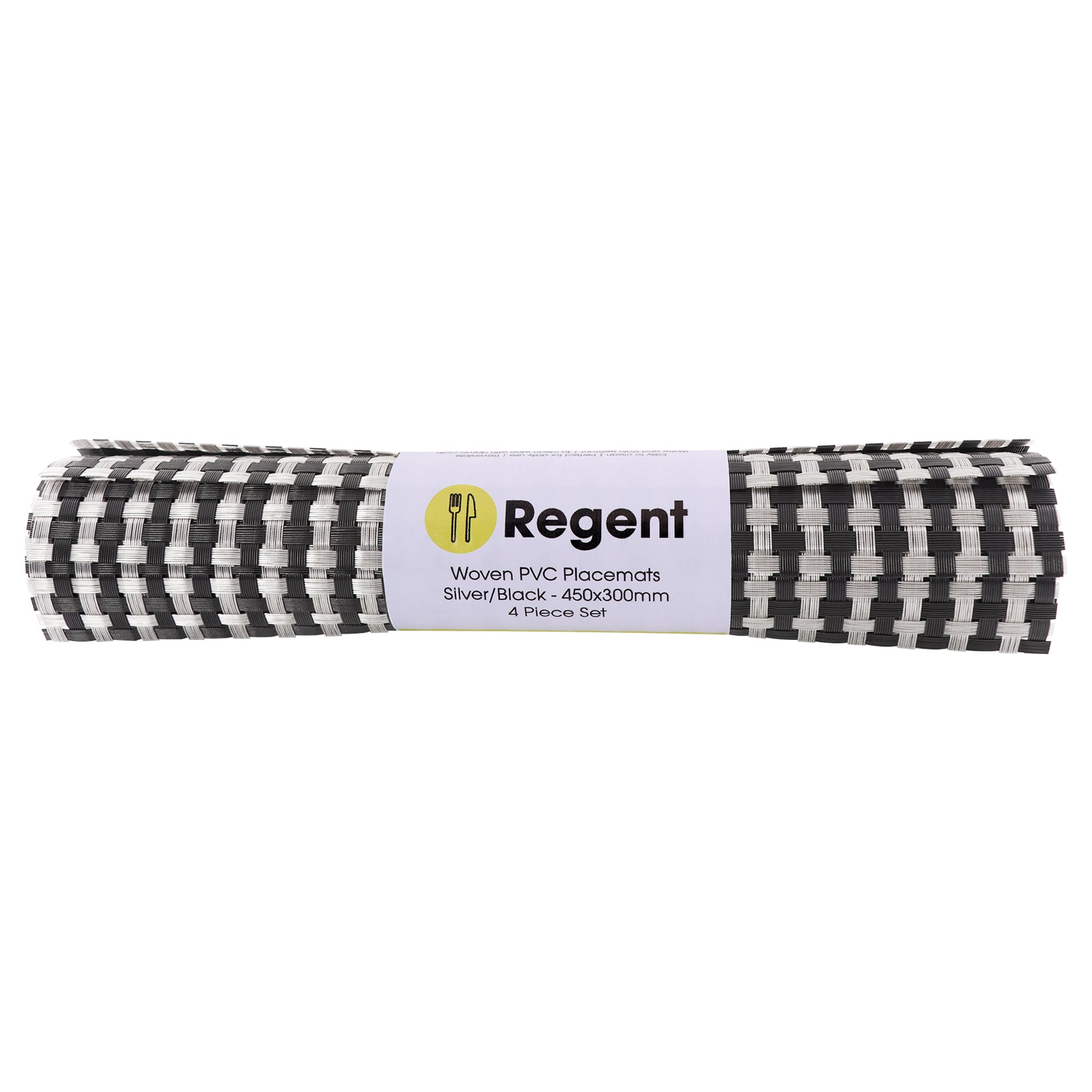 REGENT PLACE MATS WOVEN SILVER/BLACK PVC 4PK ROLL, 300X450MM