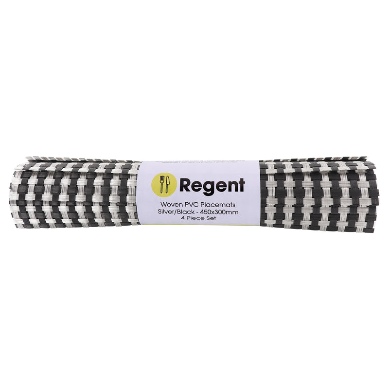 REGENT PLACE MATS WOVEN SILVER/BLACK PVC, 4 PACK (300X450MM)