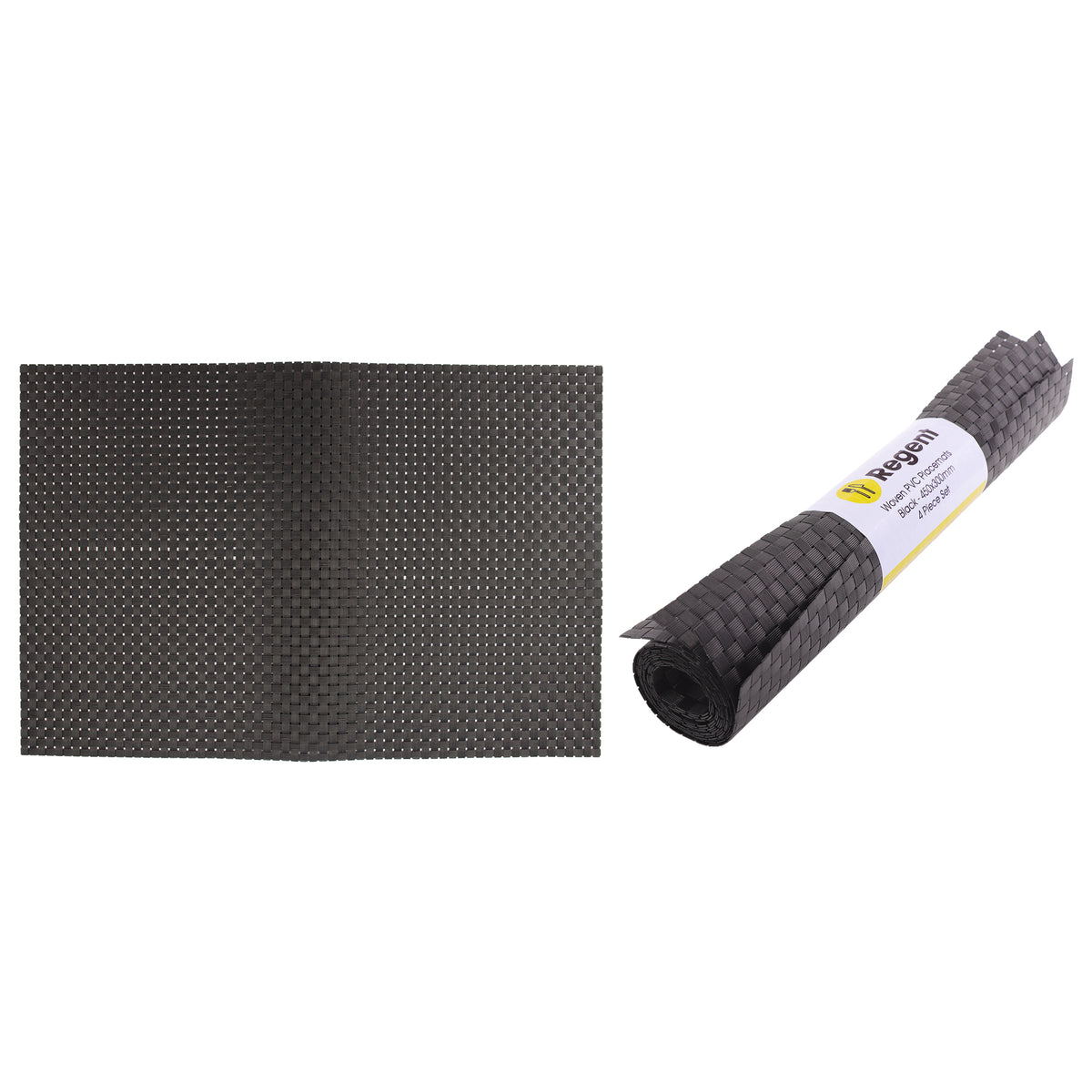 REGENT PLACE MATS WOVEN PVC BLACK 4PK ROLL, 300X450MM