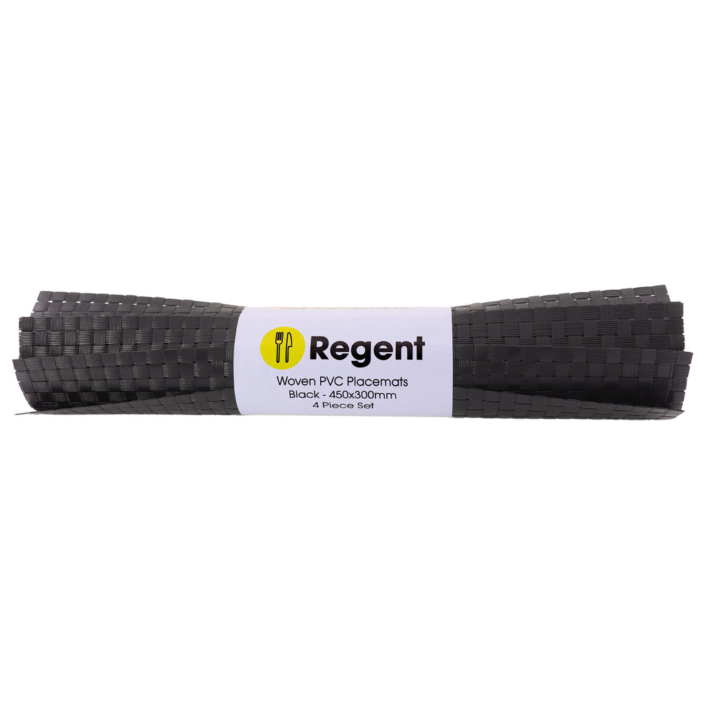 REGENT PLACE MATS WOVEN PVC BLACK 4PK ROLL, 300X450MM