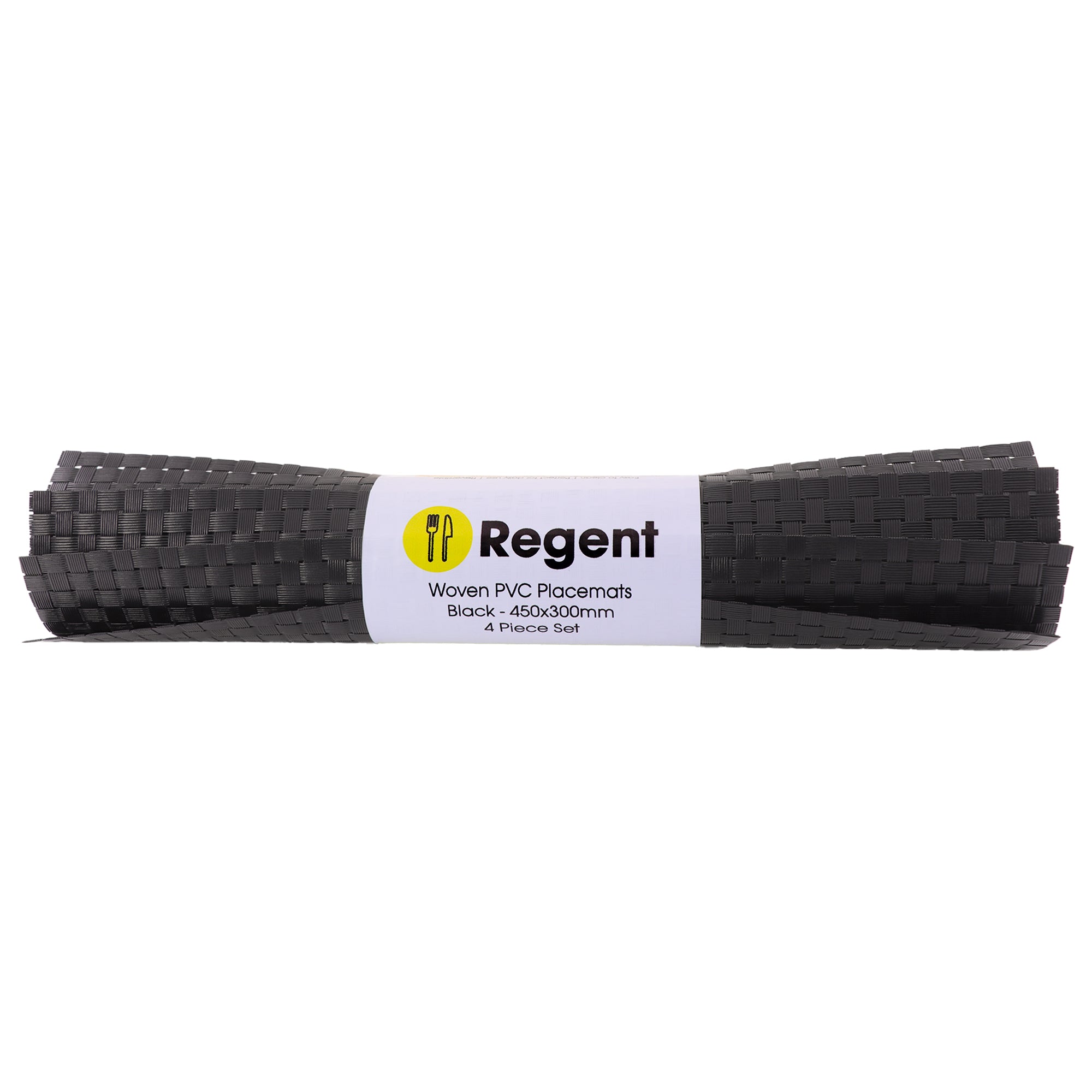 REGENT PLACE MATS WOVEN PVC BLACK 4PK ROLL, 300X450MM