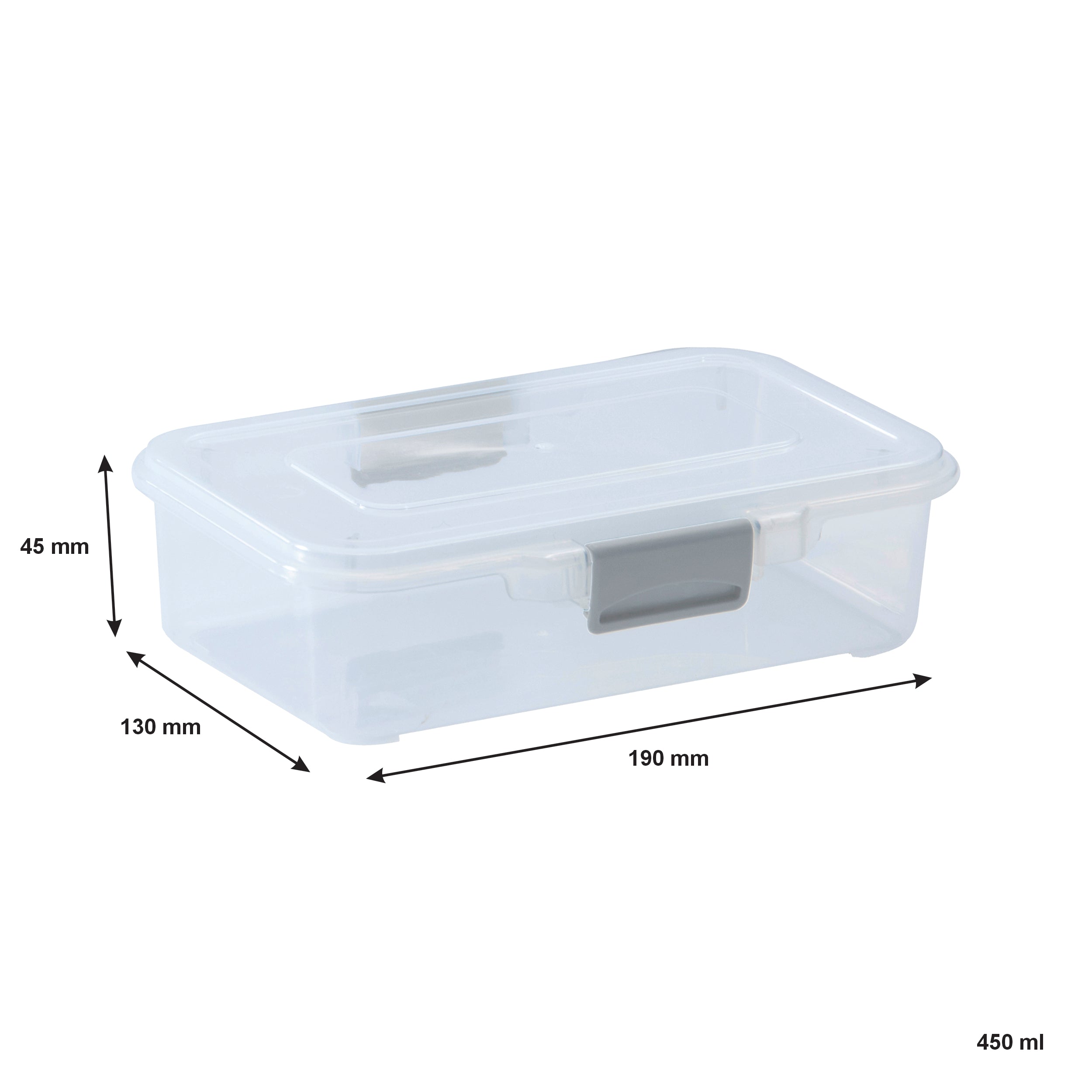 REGENT STOREAWAY PLASTIC STORAGE BOX CLEAR & GREY CLIPS, 450ML - 190X130X45MM