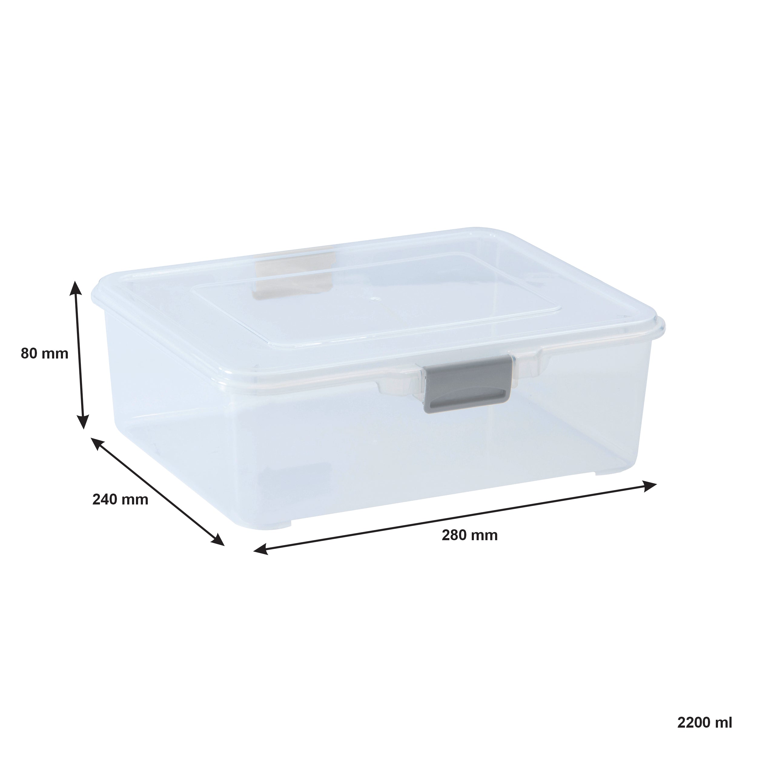 REGENT STOREAWAY PLASTIC STORAGE BOX CLEAR & GREY CLIPS,  2.2L - 240X280X80MM