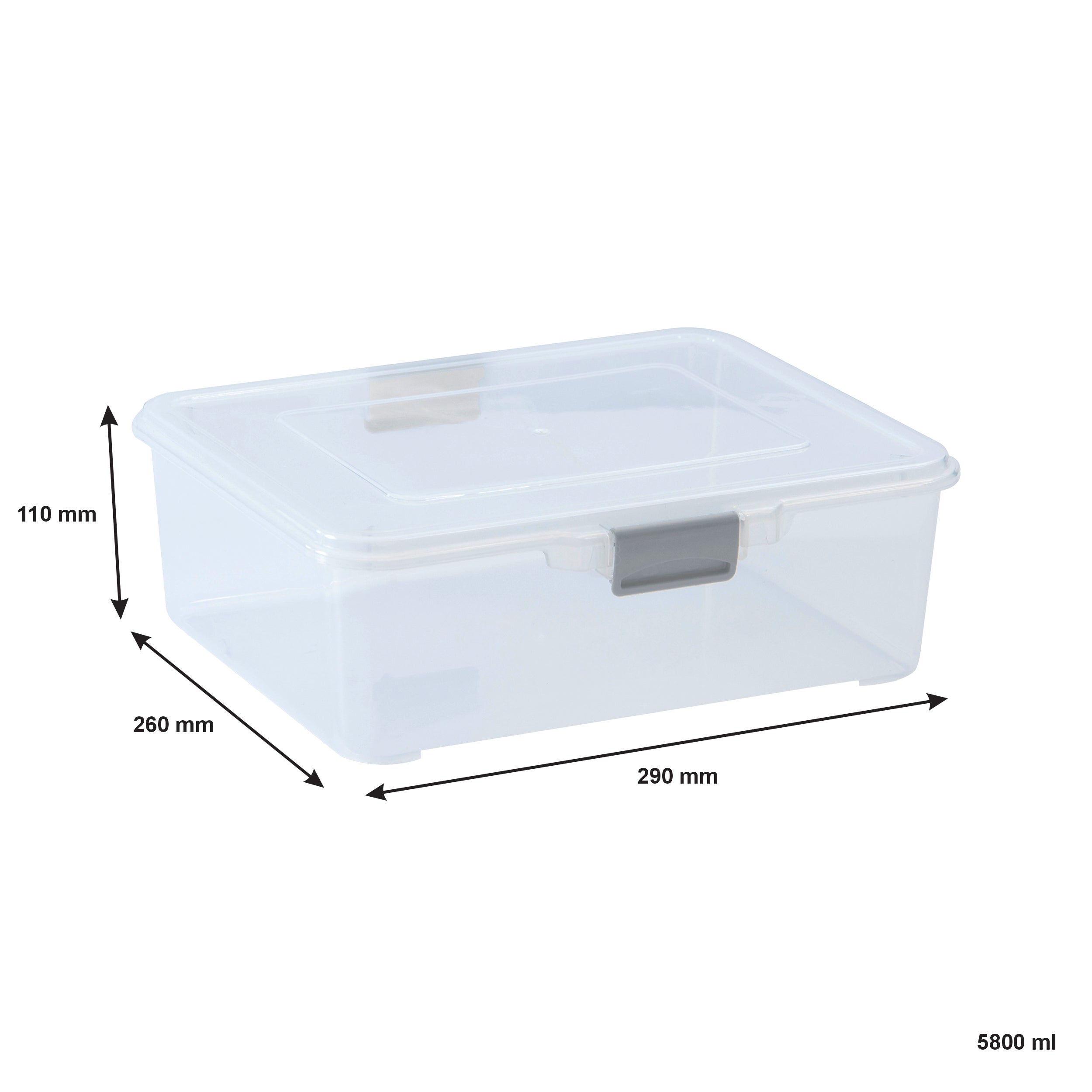 REGENT STOREAWAY PLASTIC STORAGE BOX CLEAR & GREY CLIPS, 5.8L -290X260X110MM