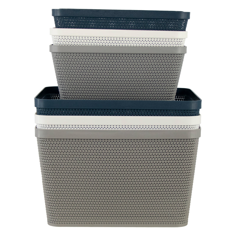 REGENT PLASTIC NEW KNIT BASKET MED, ASST. COLOURS BLUE, GREY AND WHITE (295X235X130MM)