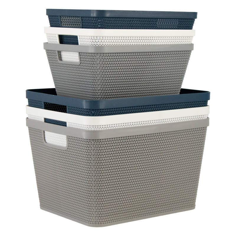 REGENT PLASTIC NEW KNIT BASKET MED, ASST. COLOURS BLUE, GREY AND WHITE (295X235X130MM)