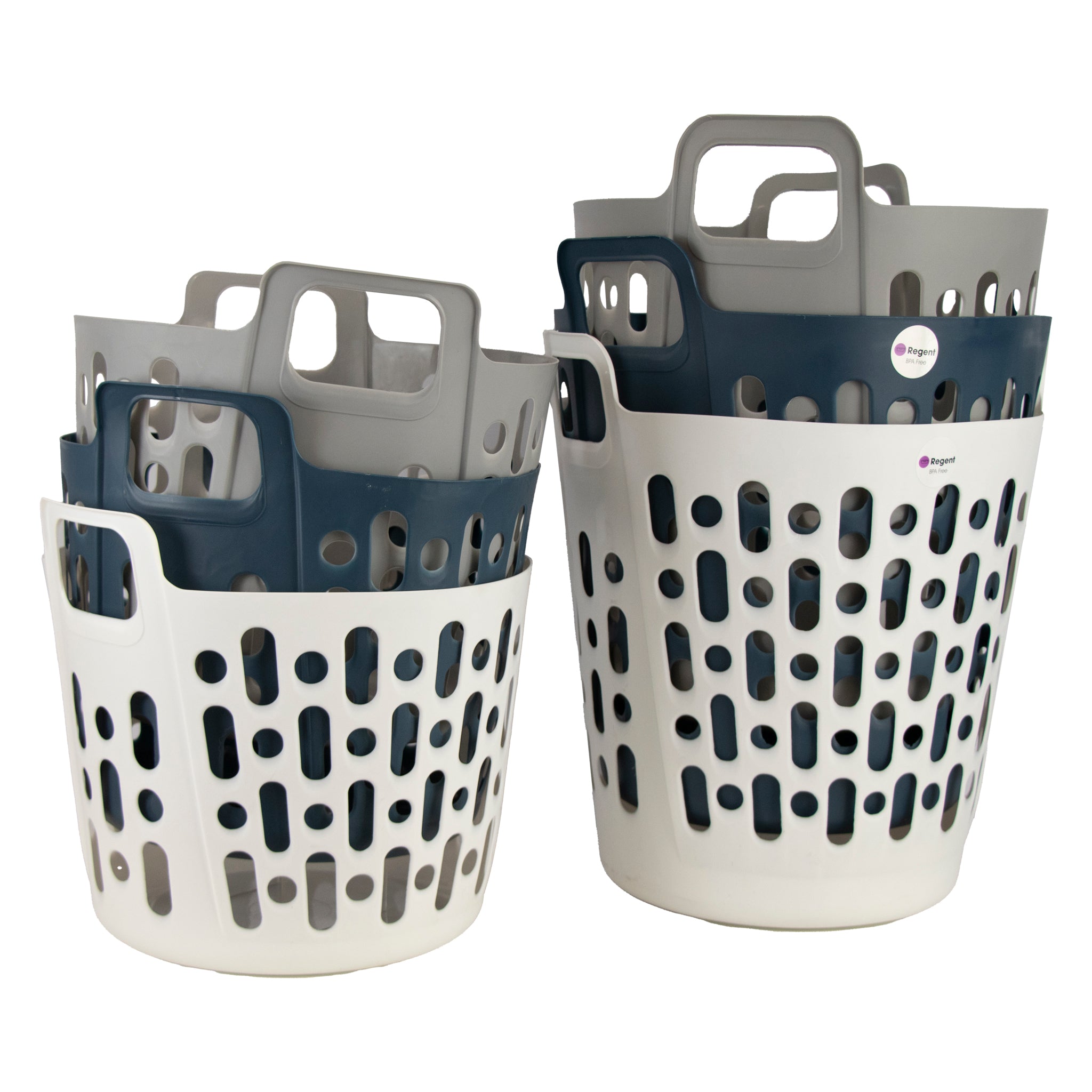 REGENT STOREAWAY PLASTIC FLEXY LAUNDRY BASKET LARGE ASST. BLUE, GREY & WHT, 415X440X480MM