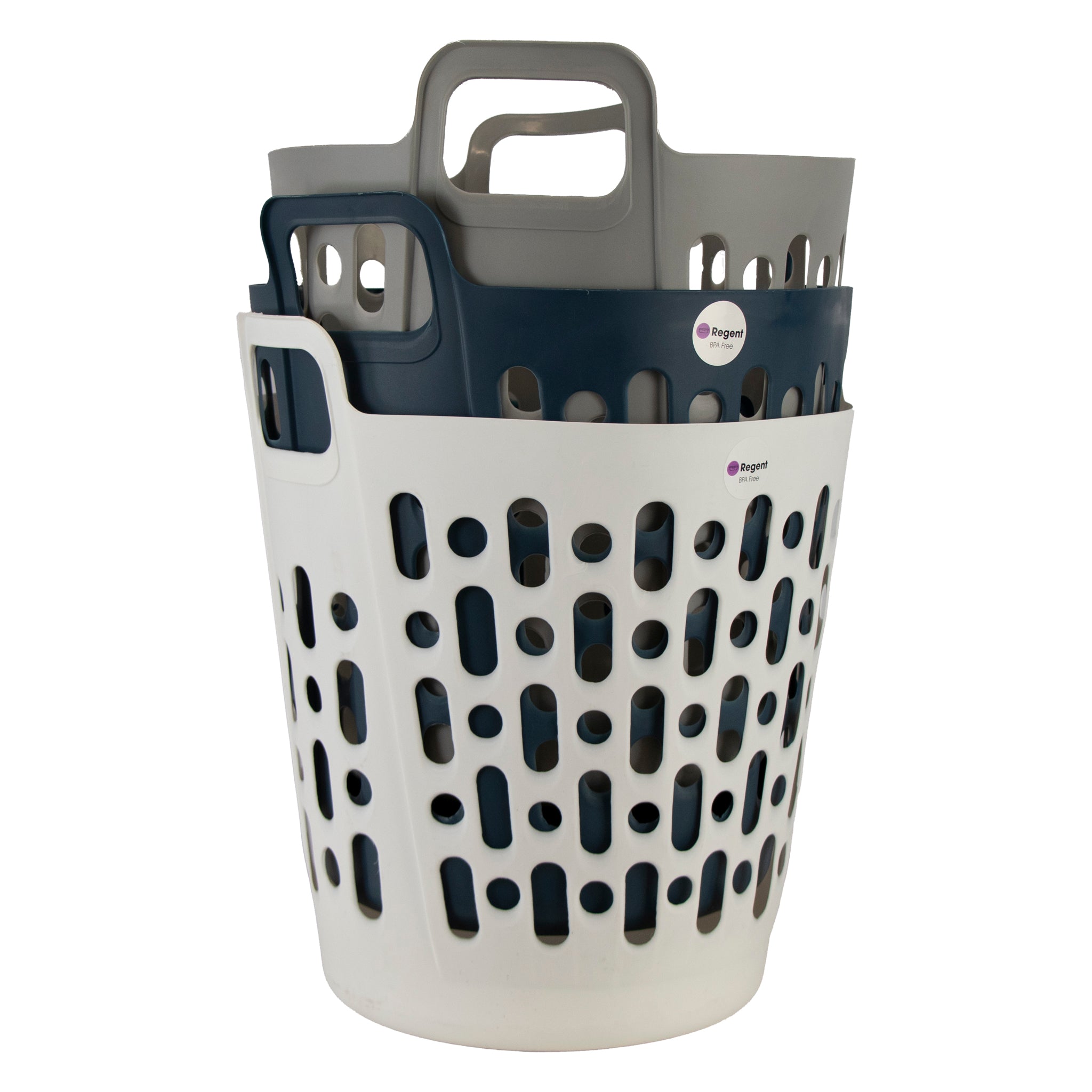 REGENT STOREAWAY PLASTIC FLEXY LAUNDRY BASKET LARGE ASST. BLUE, GREY & WHT, 415X440X480MM