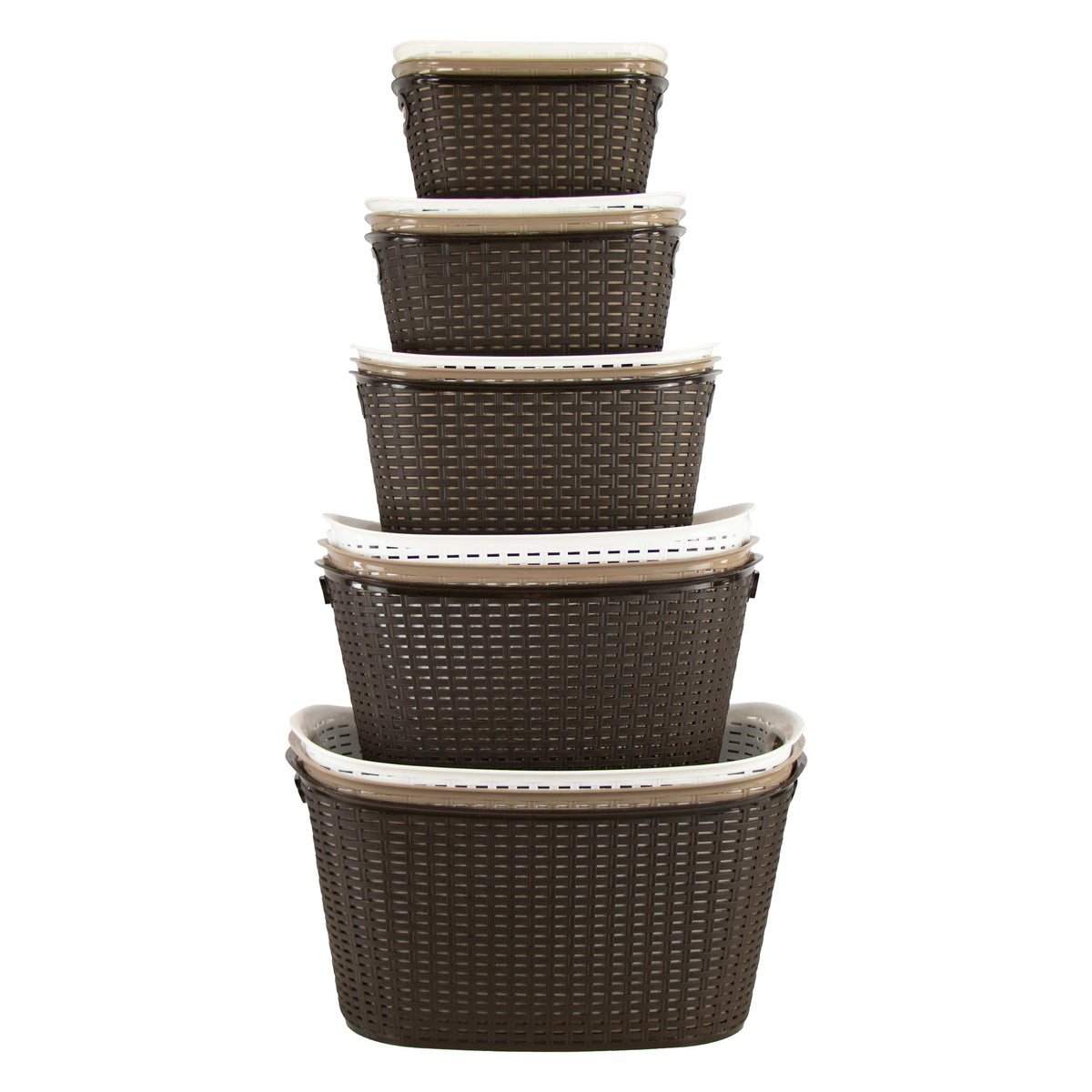 REGENT STOREAWAY PLASTIC WOVEN BASKET WITH HANDLES JUMBO, ASST. WHT, BGE & CHOC, 590X400X300MM