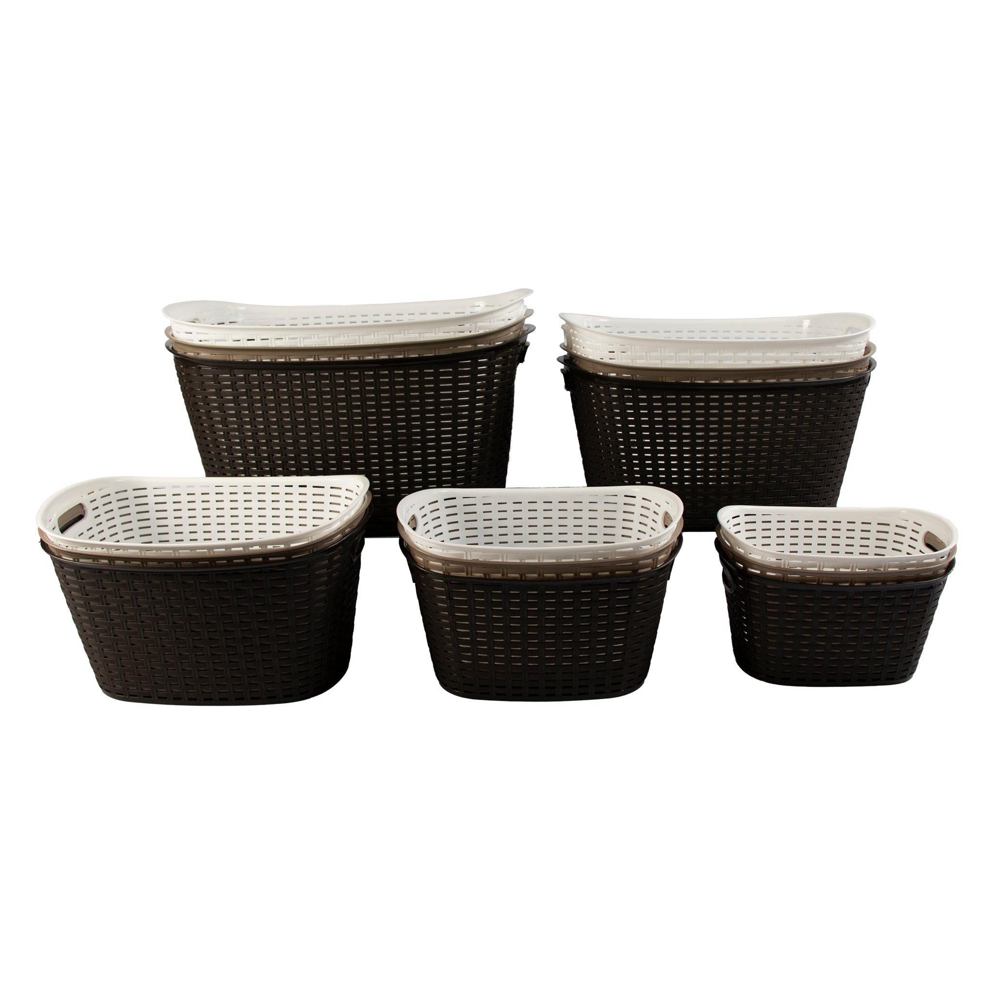 REGENT STOREAWAY PLASTIC WOVEN BASKET WITH HANDLES MINI, ASST. WHT, BGE & CHOC, 315X215X160MM