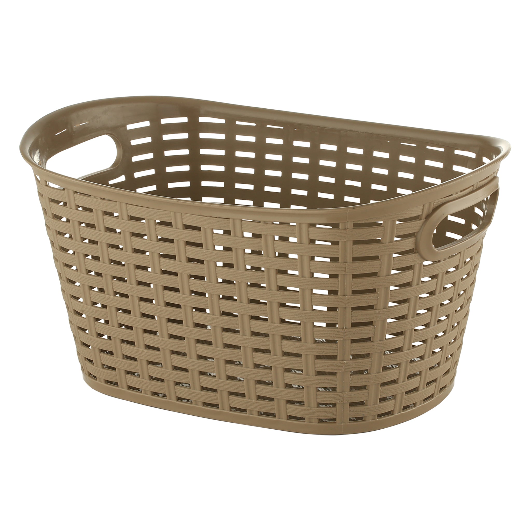 REGENT STOREAWAY PLASTIC WOVEN BASKET WITH HANDLES MINI, ASST. WHT, BGE & CHOC, 315X215X160MM