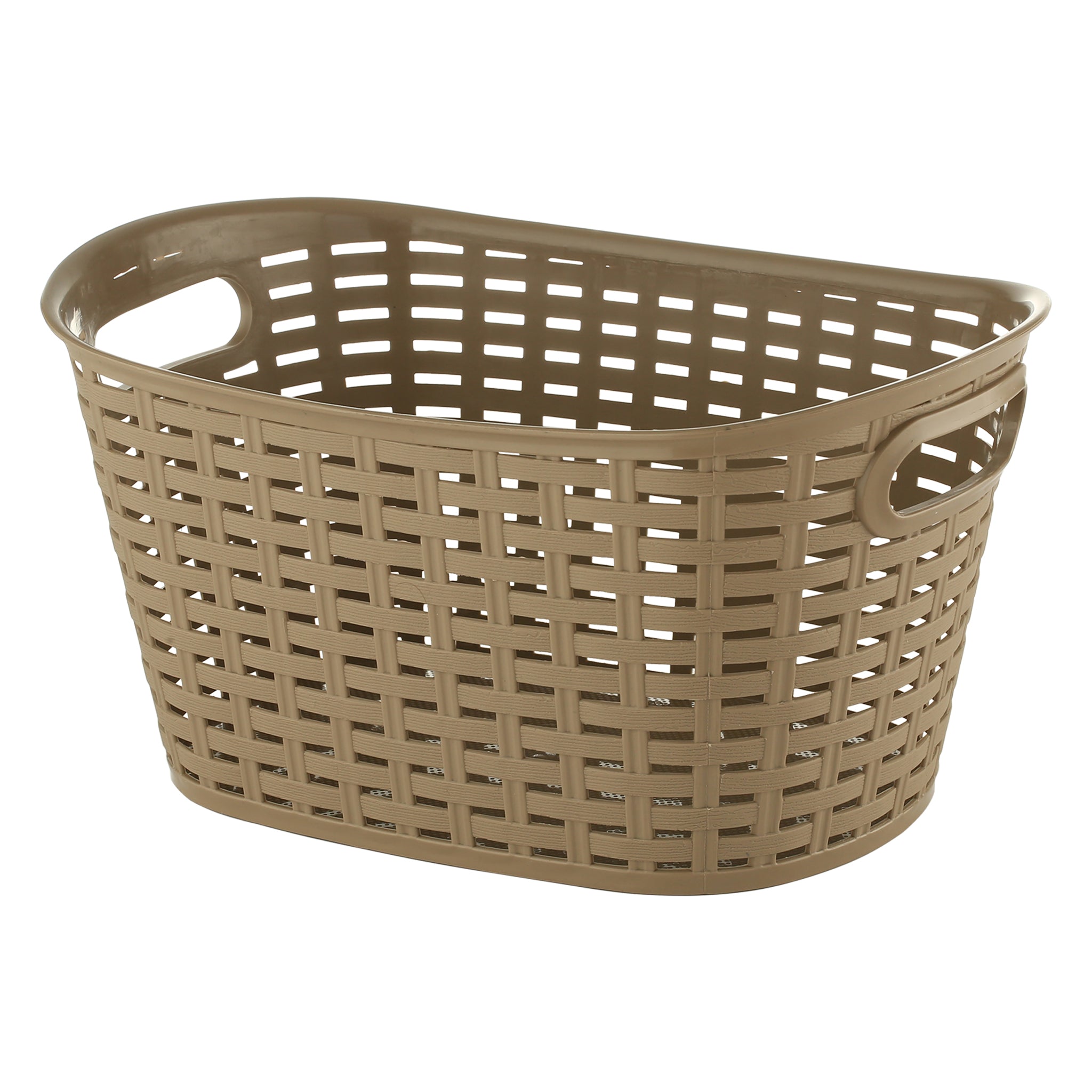 REGENT STOREAWAY PLASTIC WOVEN BASKET WITH HANDLES SMALL, AST. WHT, BGE & CHOC, 365X255X190MM
