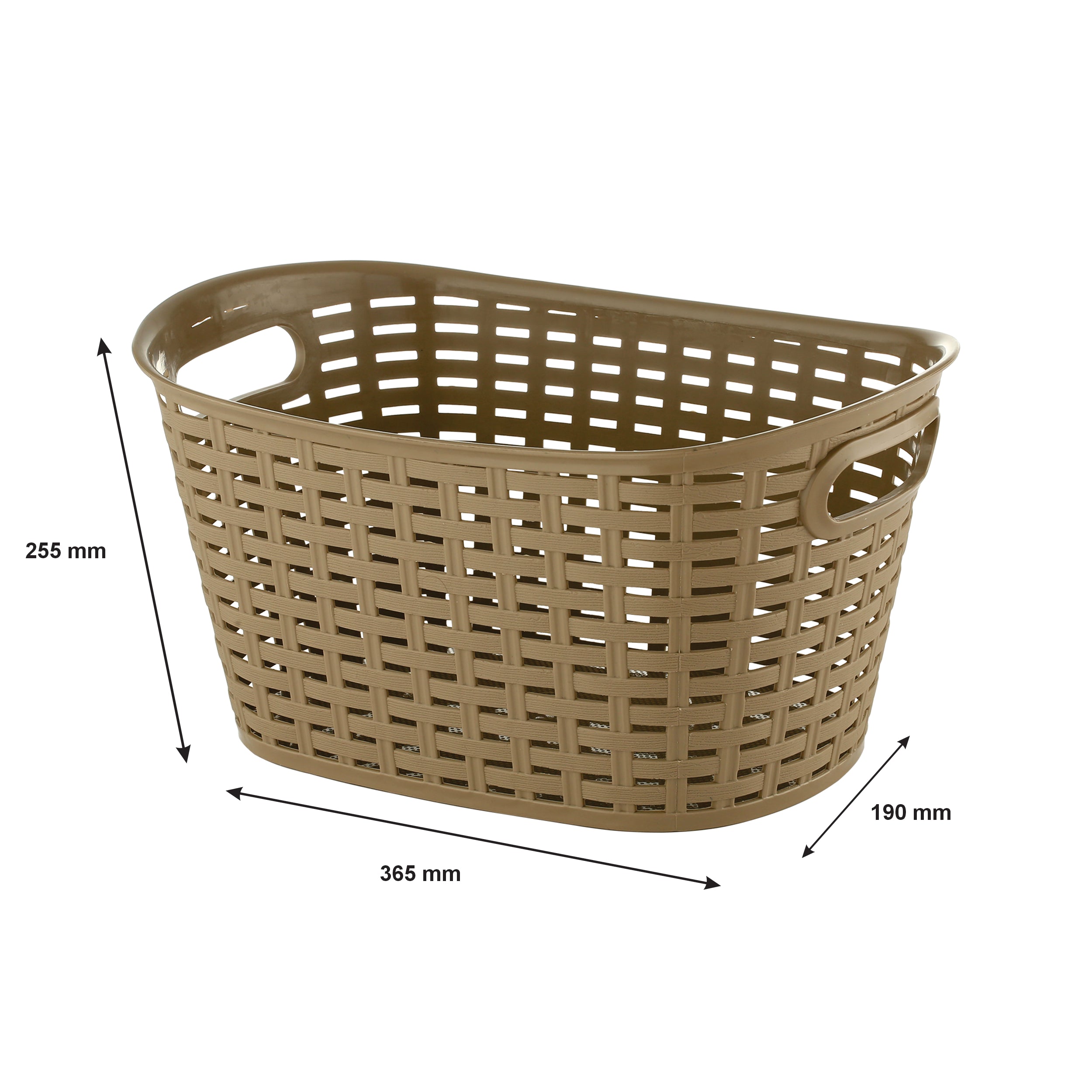 REGENT STOREAWAY PLASTIC WOVEN BASKET WITH HANDLES SMALL, AST. WHT, BGE & CHOC, 365X255X190MM