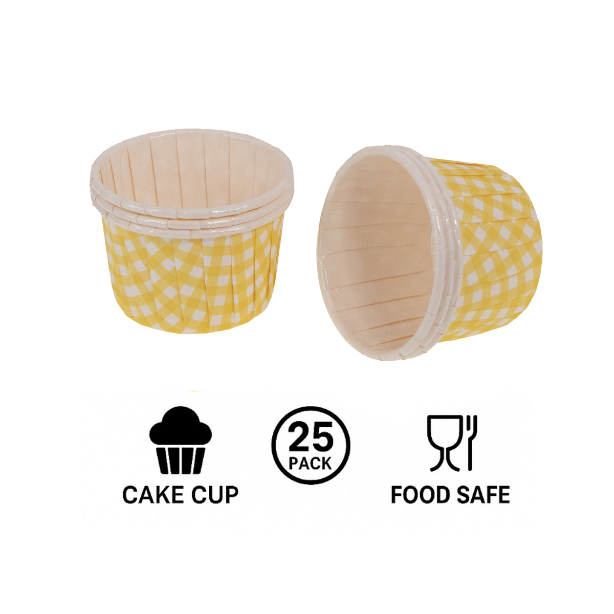 REGENT CAKE/ICE CREAM CUPS YELLOW CHECK PET LINED 25PK, 55MM DIAX35MM