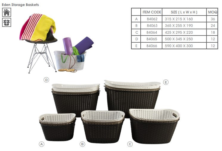 REGENT STOREAWAY PLASTIC WOVEN BASKET WITH HANDLES SMALL, ASST. WHT, BGE & CHOC, 365X255X190MM