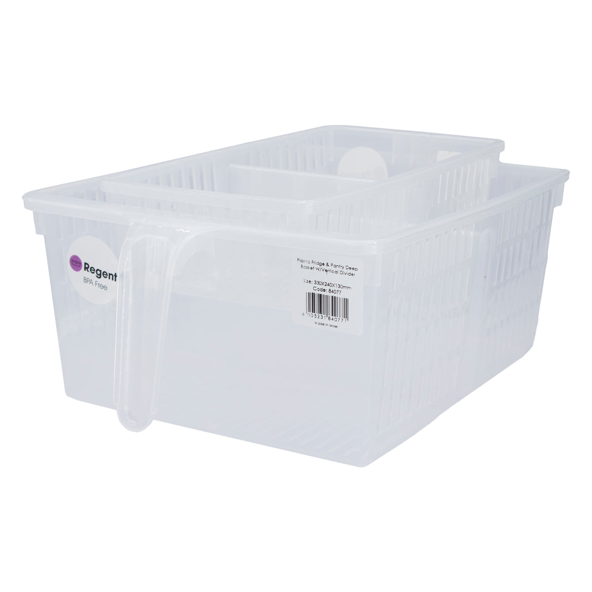 REGENT STOREAWAY CLEAR PLASTIC PANTRY & FRIDGE DEEP BASKET WITH VERTICAL DIVIDER, 330X240X130MM