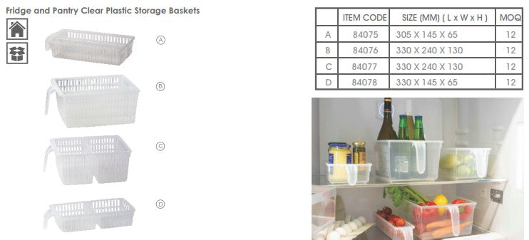 REGENT PLASTIC FRIDGE & PANTRY BASKET WITH VERTICAL DIVIDER CLEAR, (330X145X65MM)