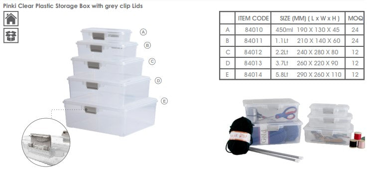 REGENT STOREAWAY PLASTIC STORAGE BOX CLEAR & GREY CLIPS, 3.7L - 260X220X90MM