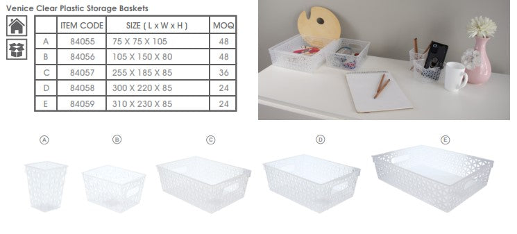 REGENT STOREAWAY HOME/OFFICE CLEAR PLASTIC BASKET MEDIUM, 255X185X85MM