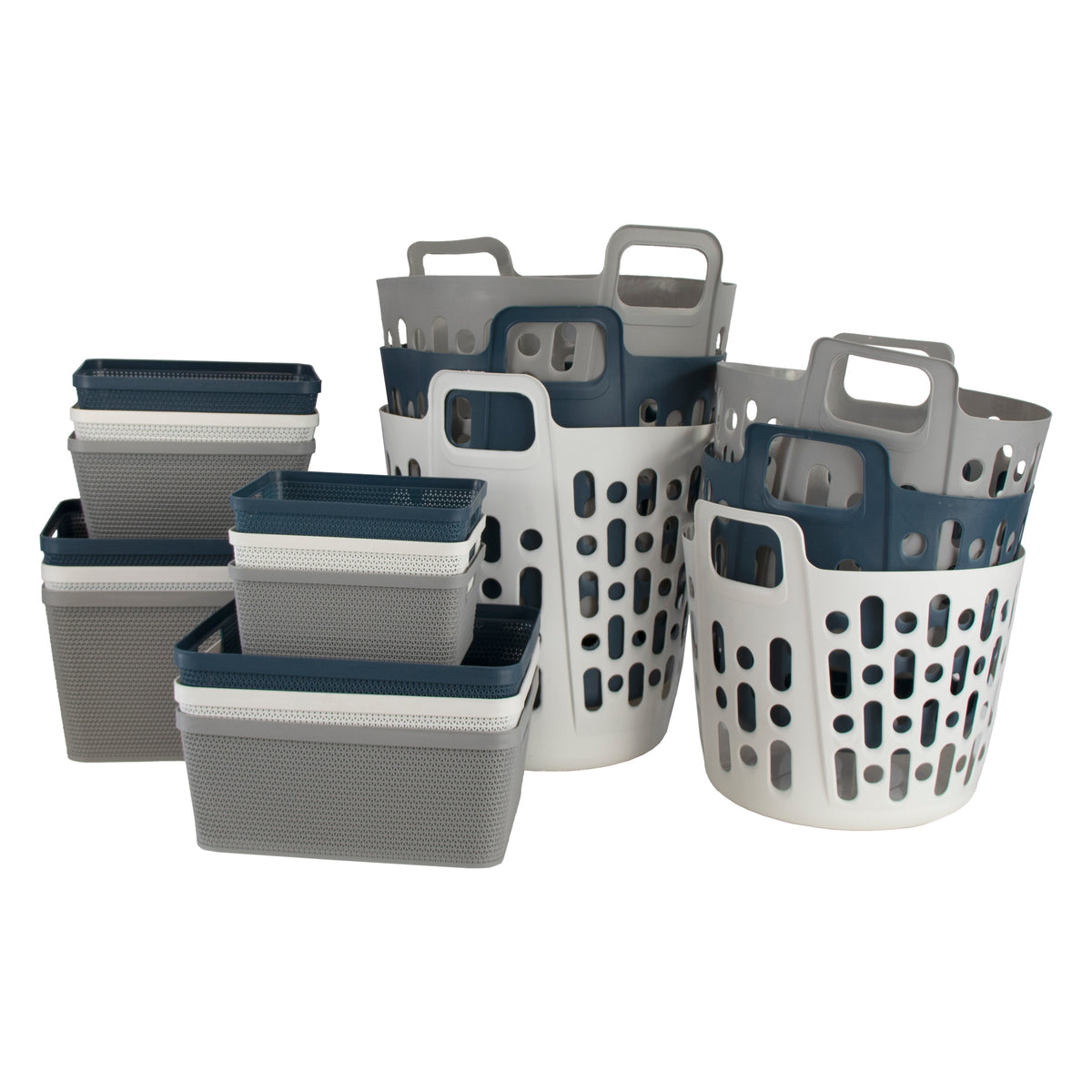 REGENT STOREAWAY PLASTIC FLEXY LAUNDRY BASKET SMALL, ASST. BLUE, GREY & WHT, 390X415X355MM