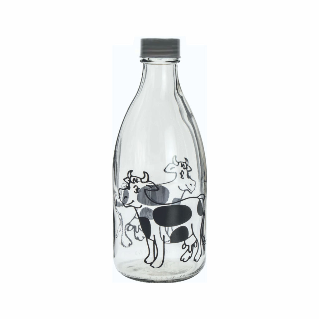 REGENT GLASS MILK BOTTLE WITH BLACK CHALKBOARD COW, 1LT (247X100MM DIA)