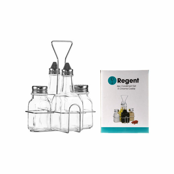 REGENT GLASS CONDIMENT 4 PIECES IN A CHROME CADDY, 200ML/70ML (198X155X125MM)