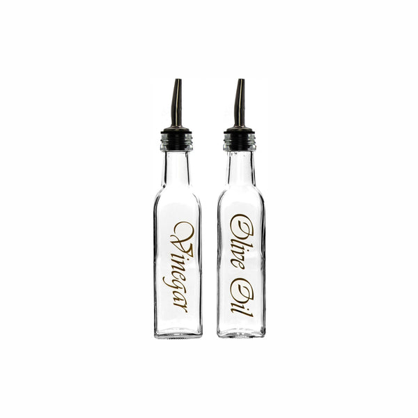 REGENT SQUARE OLIVE OIL & VINEGAR BOTTLES WITH POURERS AND GOLD PRINT, 250ML (203X48X48MM)