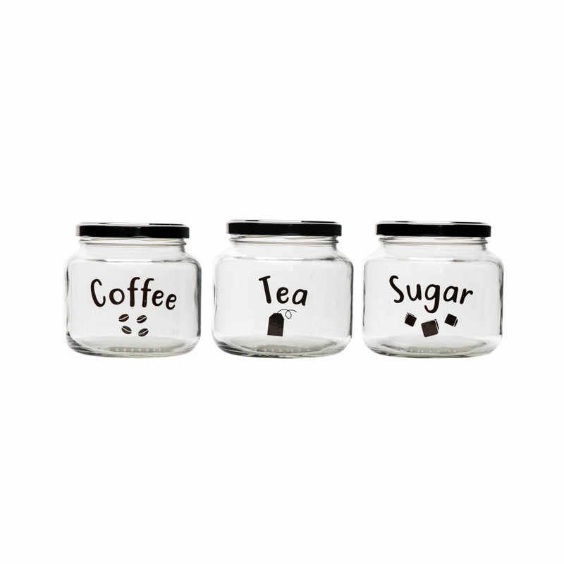 REGENT GLASS TEA, COFFEE, SUGAR PRINTED CANISTERS 3 PIECE SET, 500ML (95X100MM DIA)