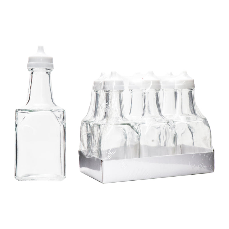 REGENT SQUARE GLASS OIL & VINEGAR BOTTLES W/WHITE PLASTIC POURERS 6 PACK, (200ML)