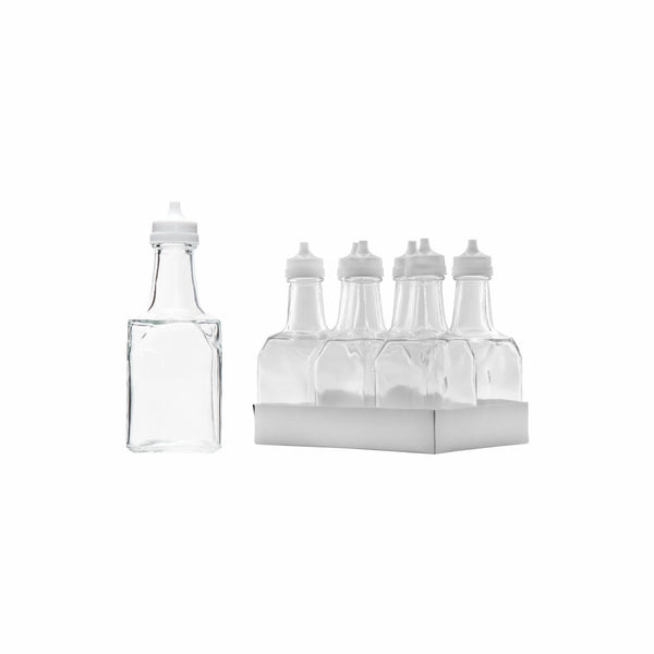 REGENT SQUARE GLASS OIL & VINEGAR BOTTLES W/WHITE PLASTIC POURERS 6 PACK, (200ML)
