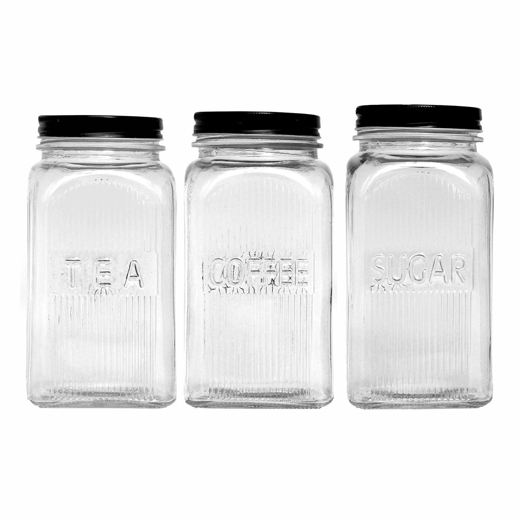 REGENT RIBBED SQUARE GLASS CANISTERS (TEA|COFFEE|SUGAR) 3 PCE SET, 1.2LT(182X100X100)