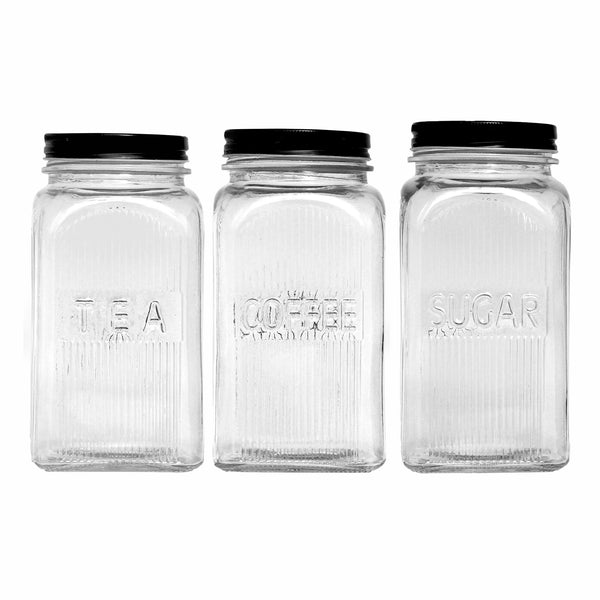 REGENT RIBBED SQUARE GLASS CANISTERS (TEA|COFFEE|SUGAR) 3 PCE SET, 1.2LT(182X100X100)