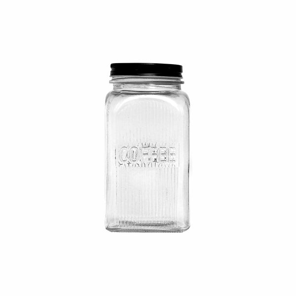 REGENT RIBBED SQUARE GLASS COFFEE CANISTER W/BLACK LID, 1.2LT (182X100X100MM)