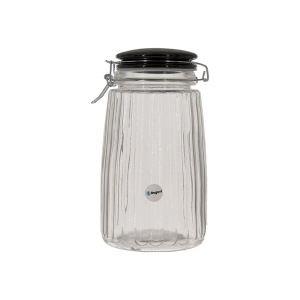 REGENT RIBBED HERMETIC GLASS CANISTER WITH BLACK CERAMIC LID AND METAL CLIP, 1.8LT (230X125MM DIA)
