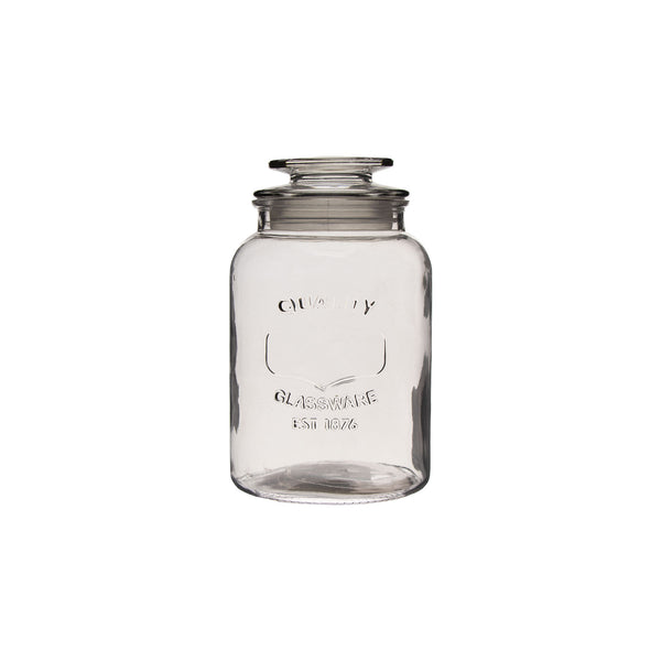 REGENT ROUND CANISTER `QUALITY` EMBOSSED WITH GLASS LID, 1LT (177X107MM DIA)