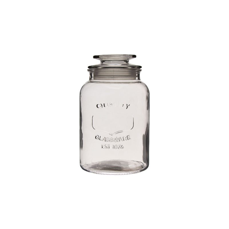 REGENT ROUND CANISTER `QUALITY` EMBOSSED WITH GLASS LID, 1LT (177X107MM DIA)