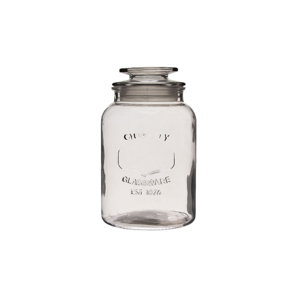 REGENT ROUND CANISTER `QUALITY` EMBOSSED WITH GLASS LID, 1,2LT (180X110MM DIA)