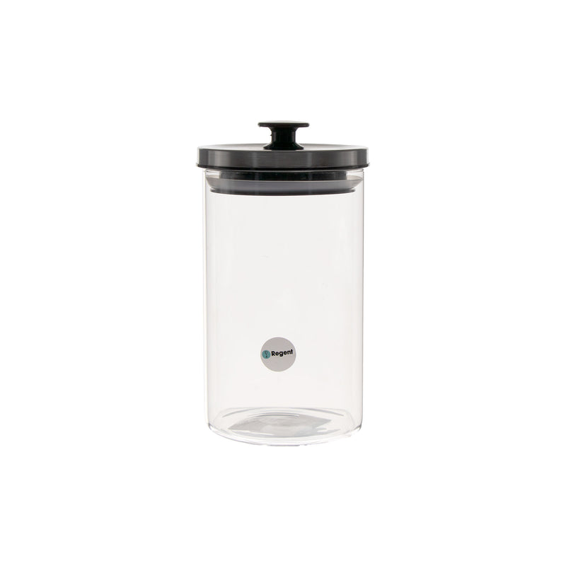 REGENT ROUND BOROCILICATE GLASS CANISTER WITH METAL LID AND BLACK KNOB, 950ML (180X100MM DIA)
