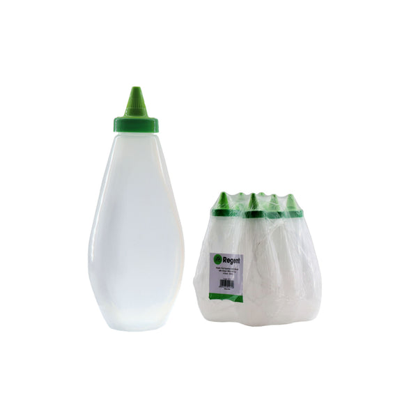 REGENT PLASTIC FLAT SQUEEZE BOTTLE NATURAL WITH GREEN WITCH HAT CAP 6 PACK, (500ML)