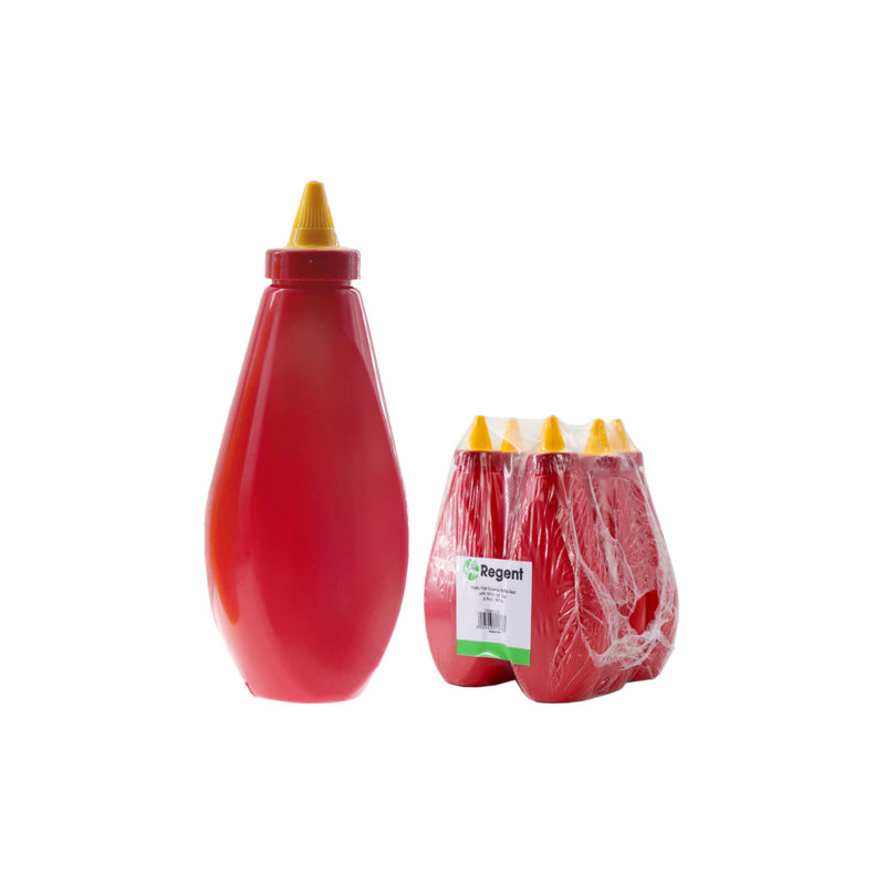 REGENT PLASTIC FLAT SAUCE BOTTLE RED WITH WITCH HAT CAP 6 PACK, (500ML)