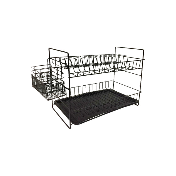 REGENT KITCHEN TWO TIER BLACK DISH DRYING RACK WITH TRAY & CUTLERY BASKET, (395X250X250MM)