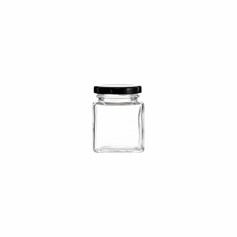 REGENT GLASS SQUARE JAR WITH BLACK LID 12 PACK, 80ML (54X50X50MM)