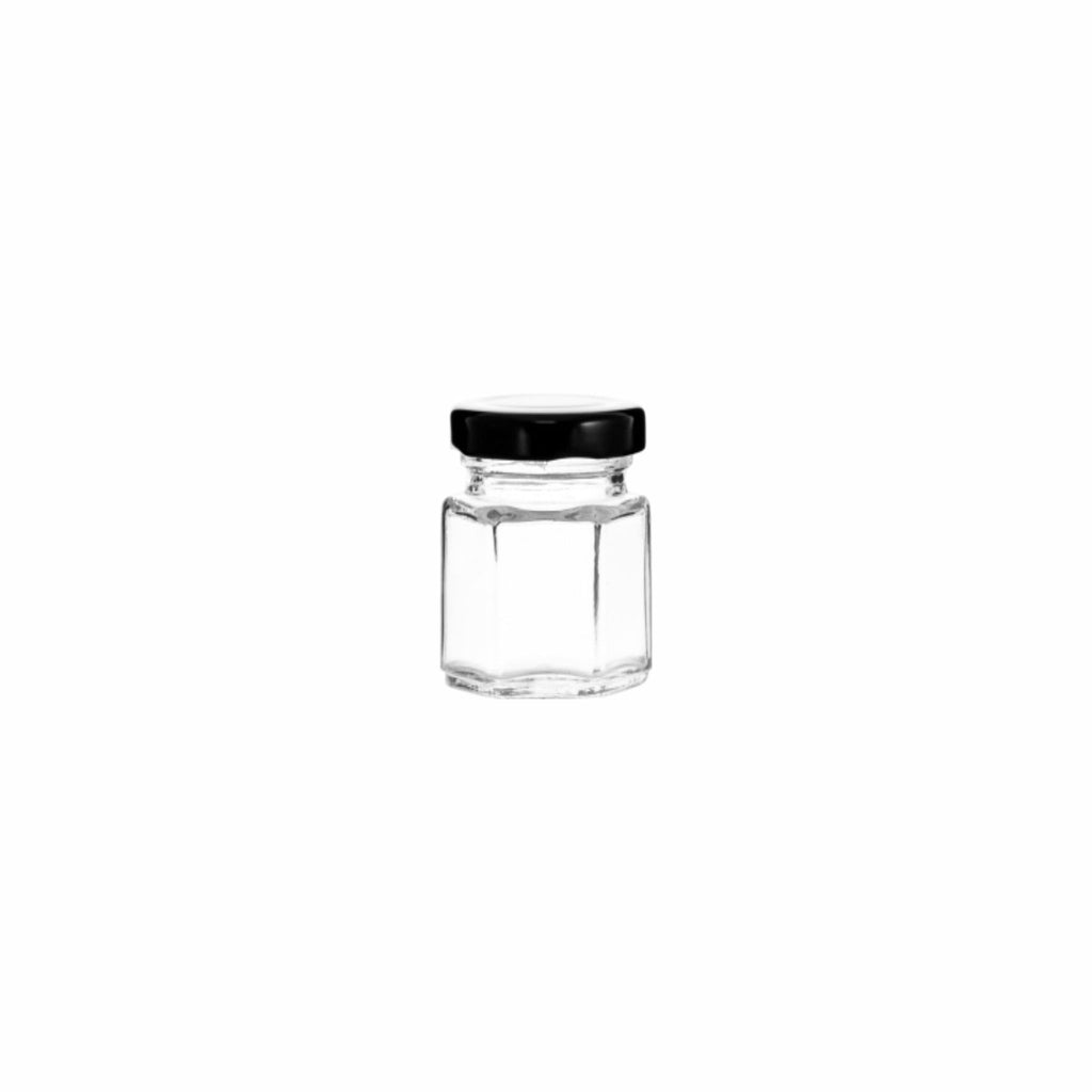 REGENT GLASS HEXAGONAL JAR WITH BLACK LID 12 PACK, 85ML (72X50MM DIA)