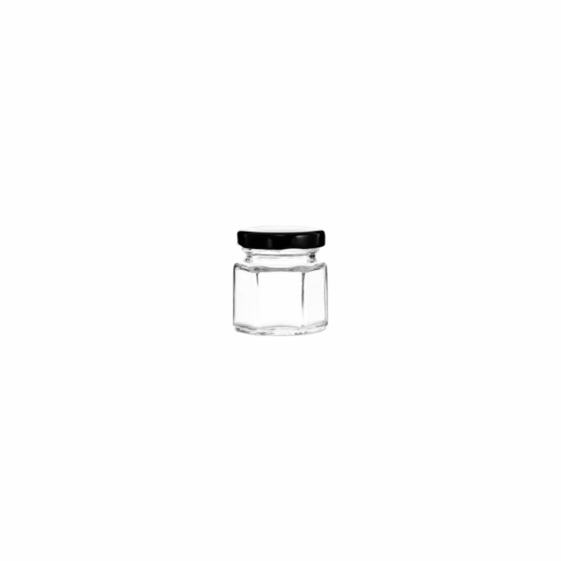 REGENT GLASS HEXAGONAL JAR WITH BLACK LID 12 PACK, 45ML (50X45X45MM)
