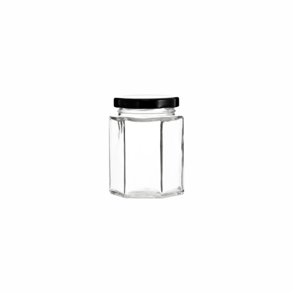 REGENT GLASS HEXAGONAL JAR WITH BLACK LID 6 PACK, 200ML (85X58X58MM)