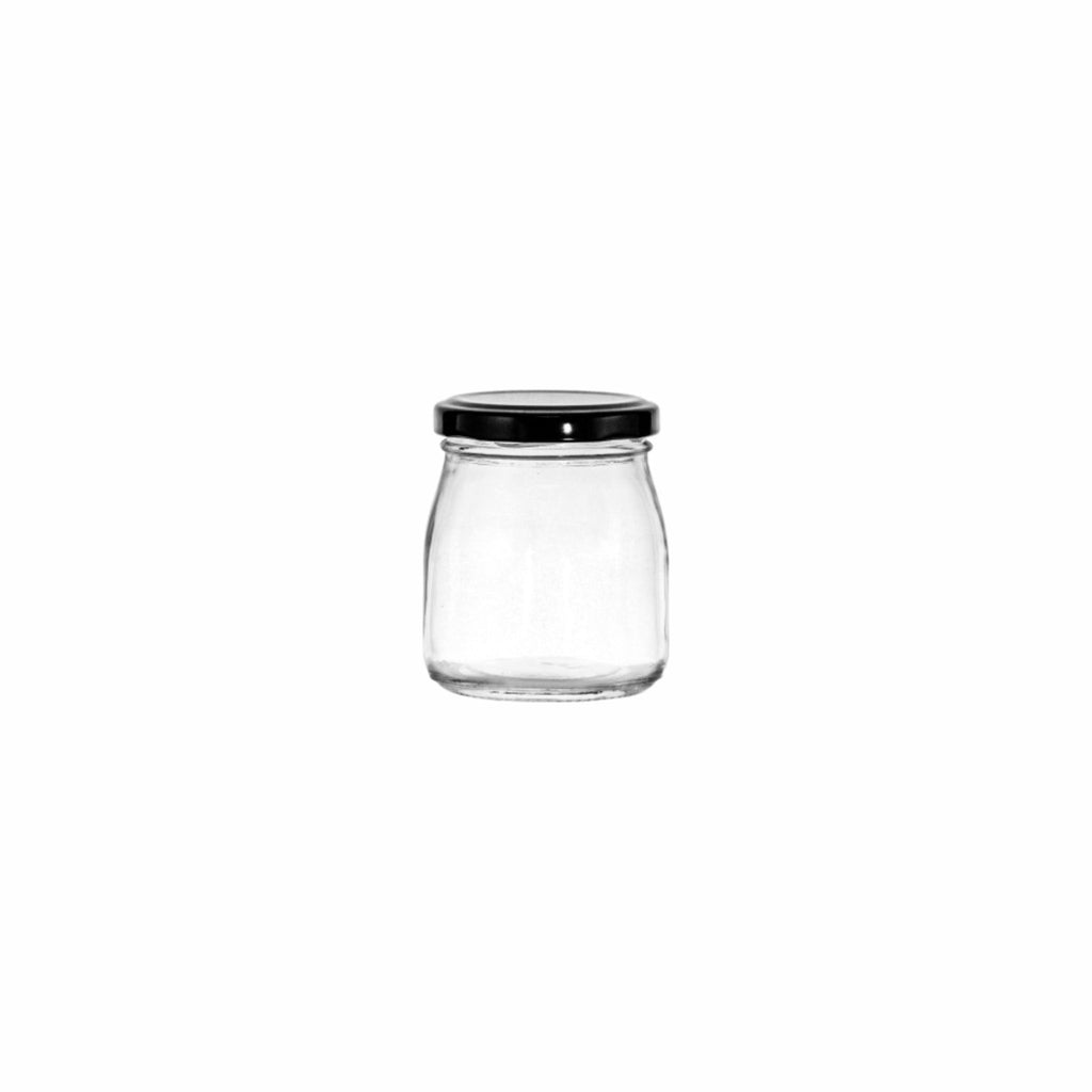 REGENT GLASS ROUND JAR WITH BLACK LID 12 PACK, 150ML (78X60MM DIA)