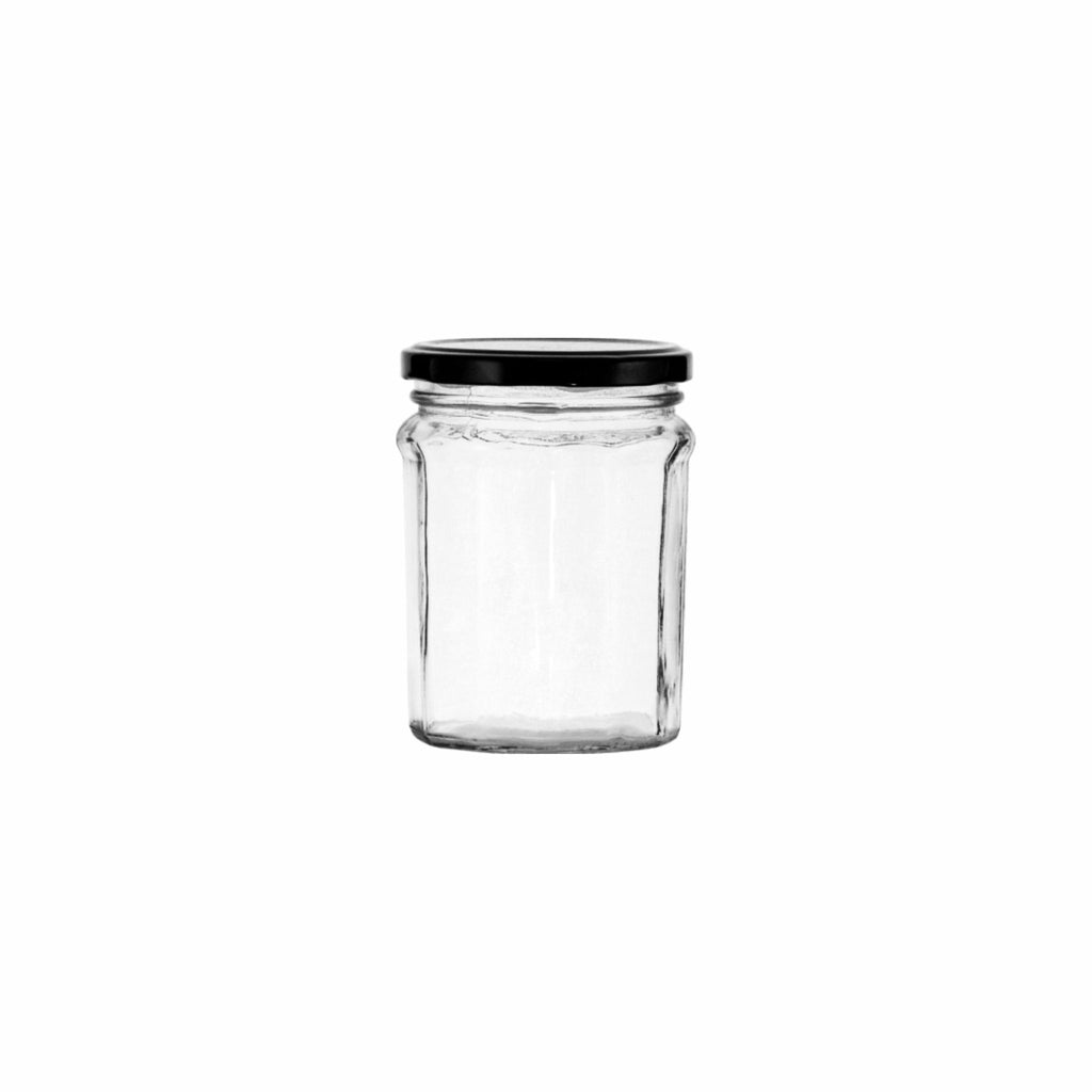 REGENT GLASS FACETED JAR WITH BLACK LID 6 PACK, 380ML (115X85MM DIA)